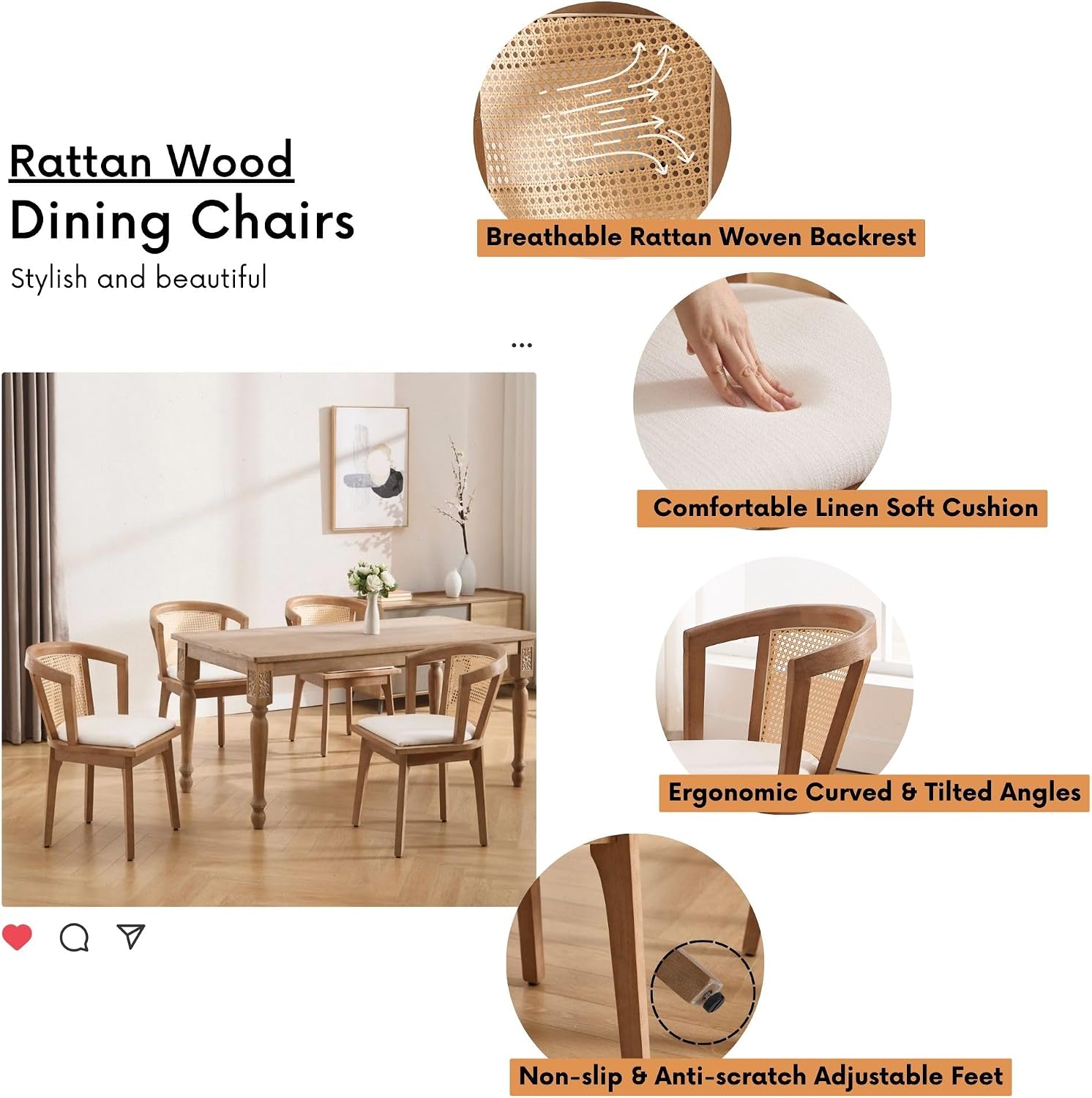 BESTANO Rattan Dining Chairs Set of 4, Mid Century Modern Farmhouse Wood Dining Room Chairs, Upholstered Comfortable Kitchen Dining Side Chair with Cane Woven Back, Beige Linen