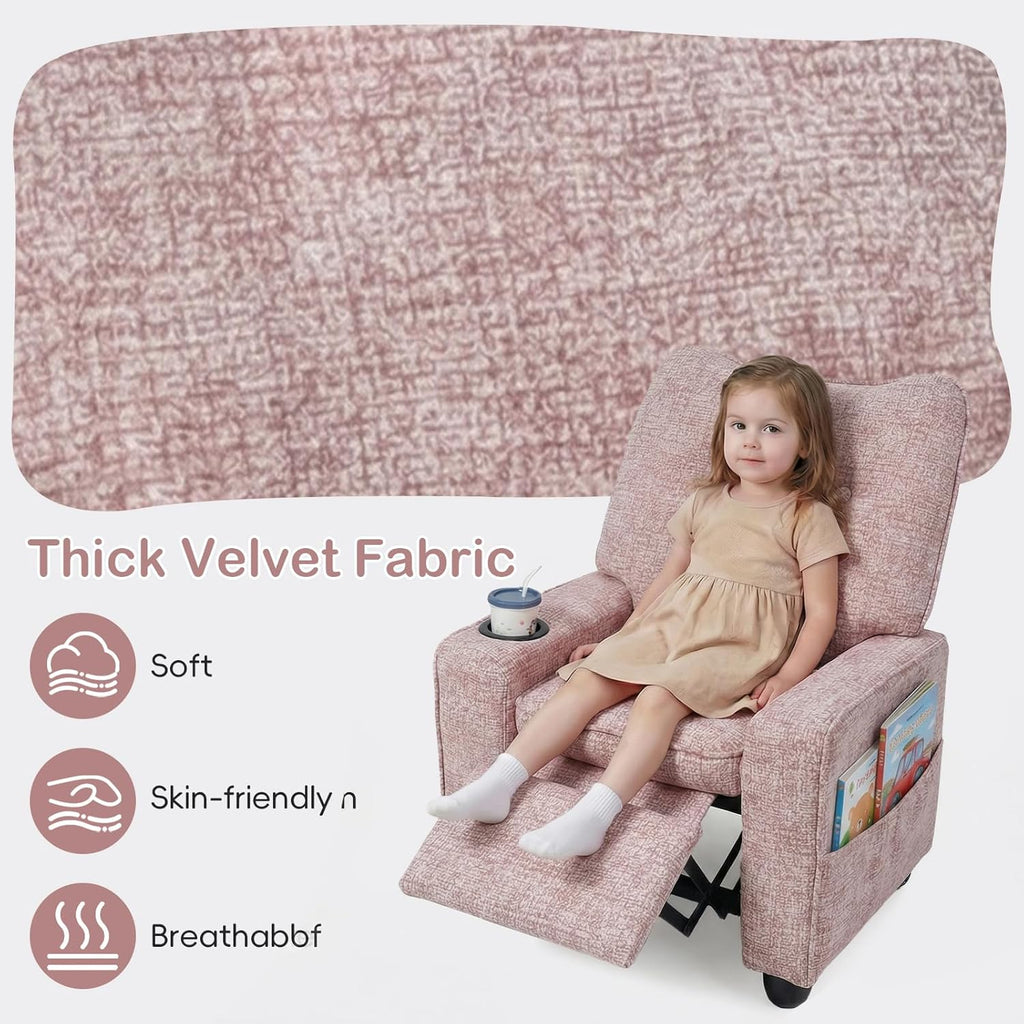 INFANS Kids Recliner, Toddler Lounge Chair with Adjustable Backrest Footrest Side Pockets Cup Holder 90 lbs Load, Velvet Fabric Toddler Couch