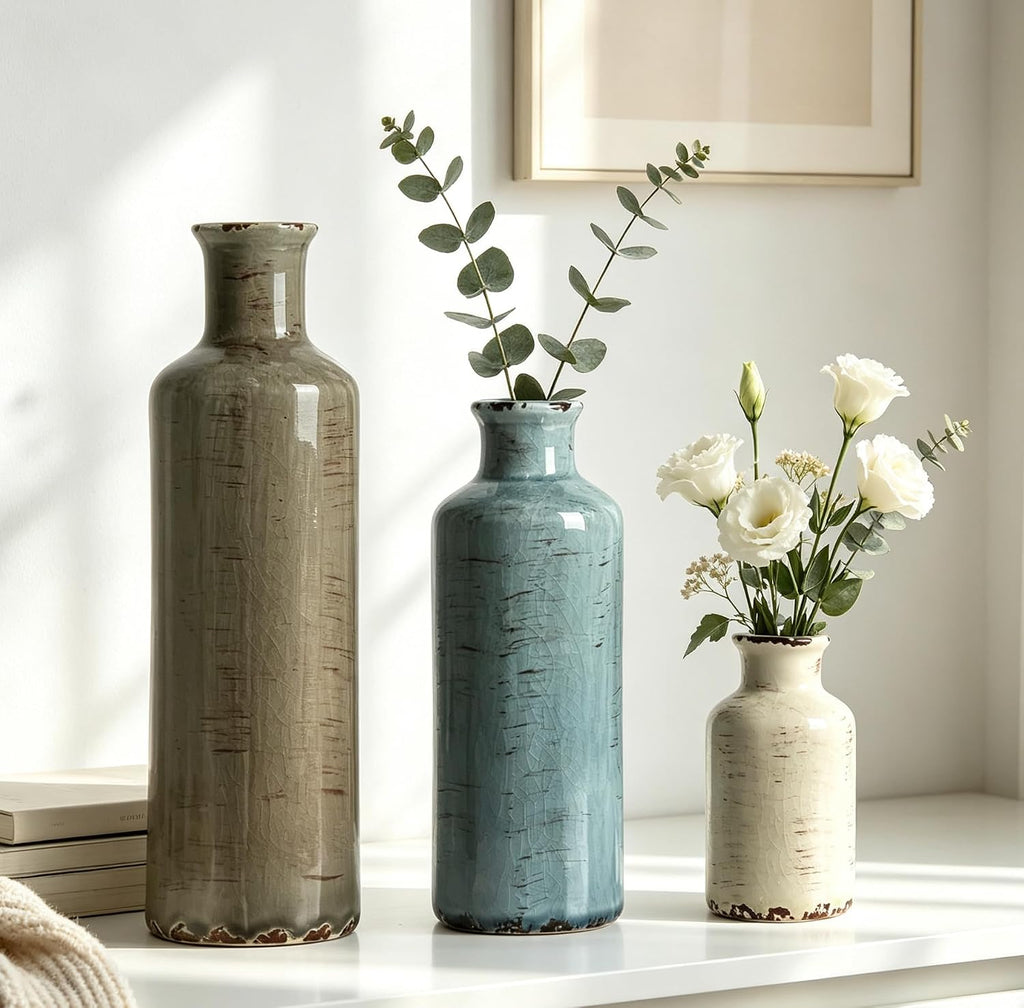 CUCUMI Ceramic Vases Set of 3, Rustic Coastal Vases Home Decor | Farmhouse Flower Vases Decor for Shelves, Ocean Beach Style, Mantle, Fireplace, Coffee Table, Shelf Decorations