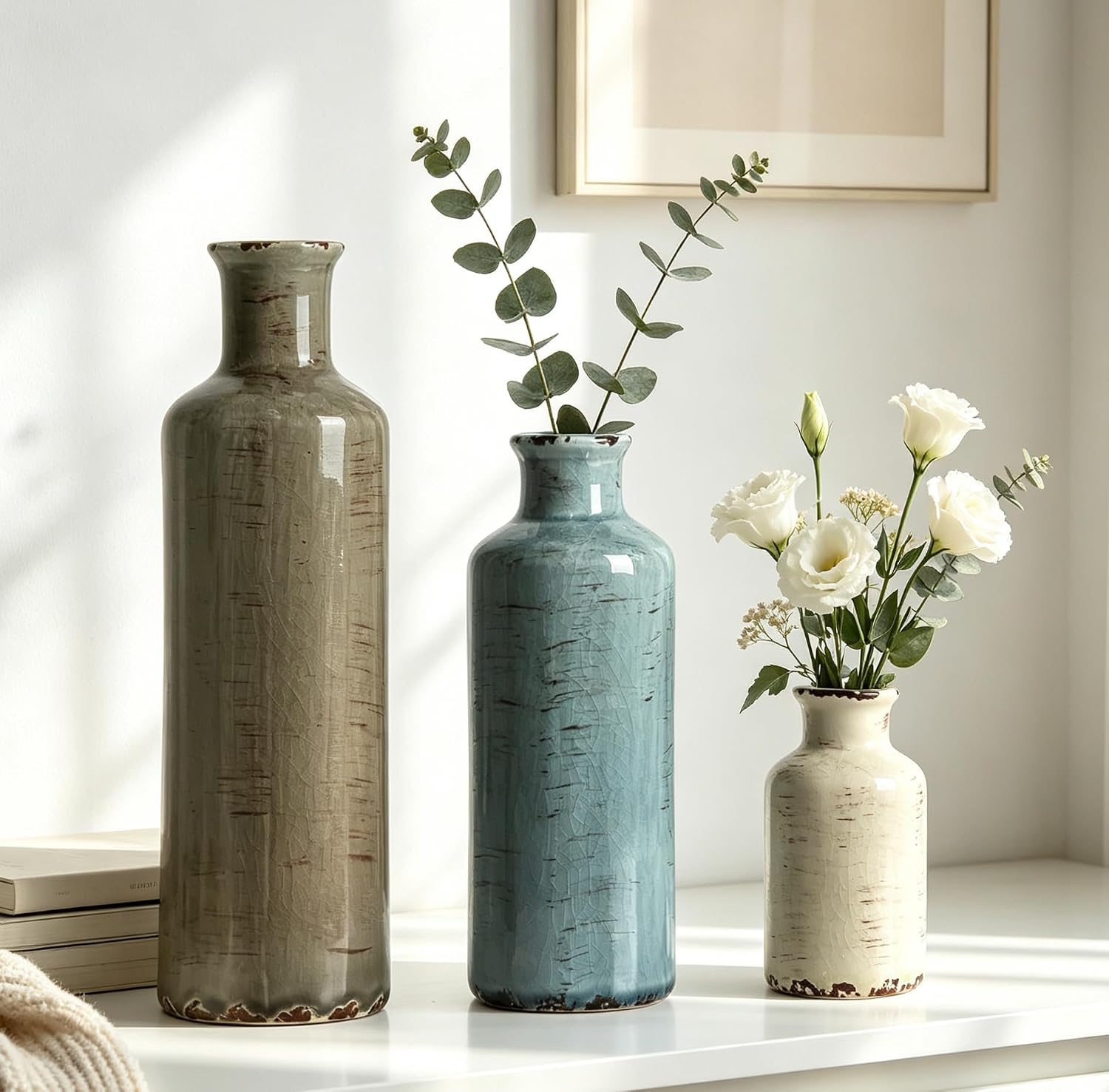 CUCUMI Ceramic Vases Set of 3, Rustic Coastal Vases Home Decor | Farmhouse Flower Vases Decor for Shelves, Ocean Beach Style, Mantle, Fireplace, Coffee Table, Shelf Decorations