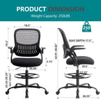 DUMOS Drafting Chair for Standing Desk, Counter Height Adjustable, Flip-up Arms, Ergonomic Mid Back Mesh Rolling Work 360° Swivel Office Computer Chairs with Wheels, for Bedroom Livingroom, Ink
