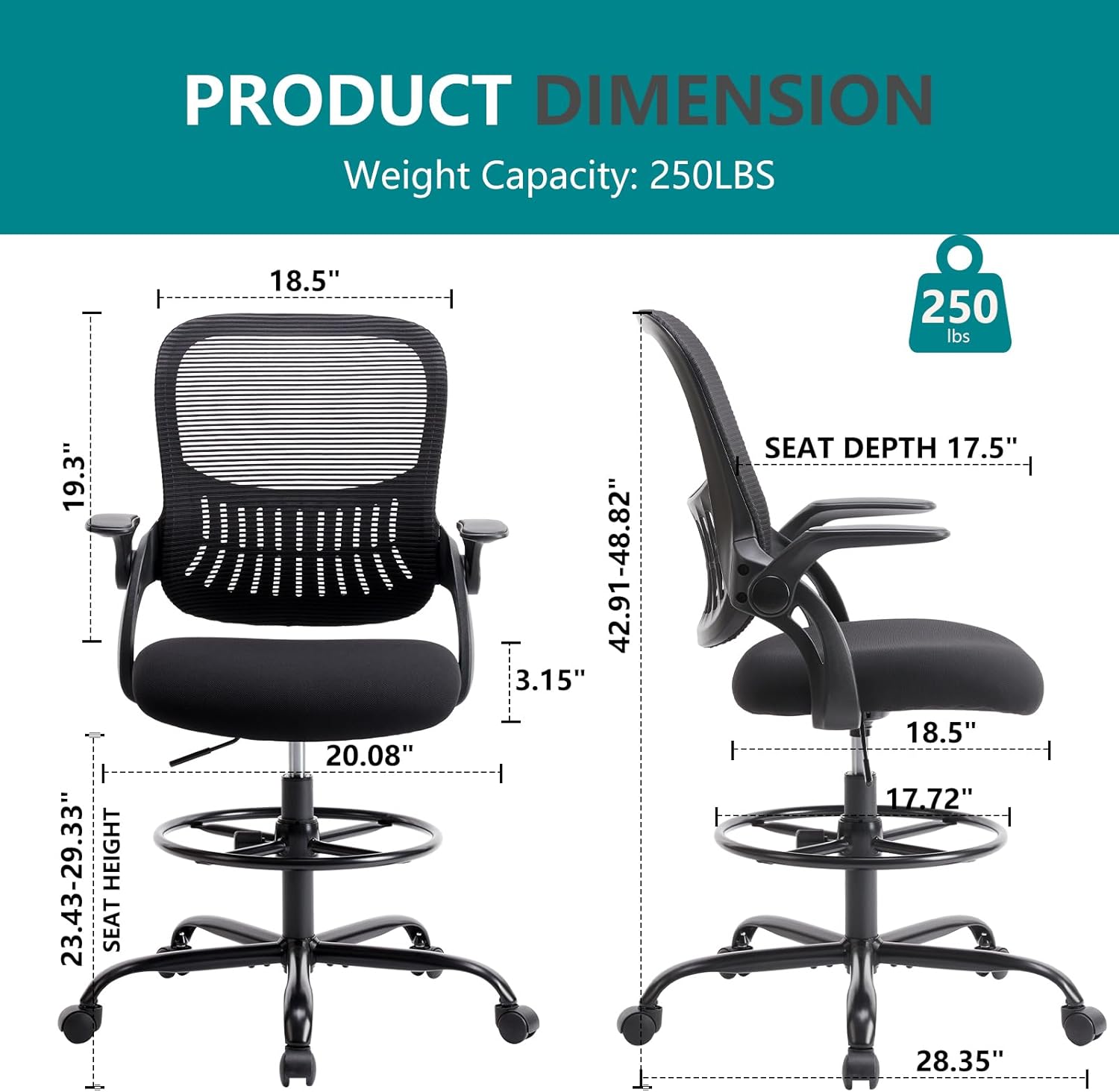 DUMOS Drafting Chair for Standing Desk, Counter Height Adjustable, Flip-up Arms, Ergonomic Mid Back Mesh Rolling Work 360° Swivel Office Computer Chairs with Wheels, for Bedroom Livingroom, Ink