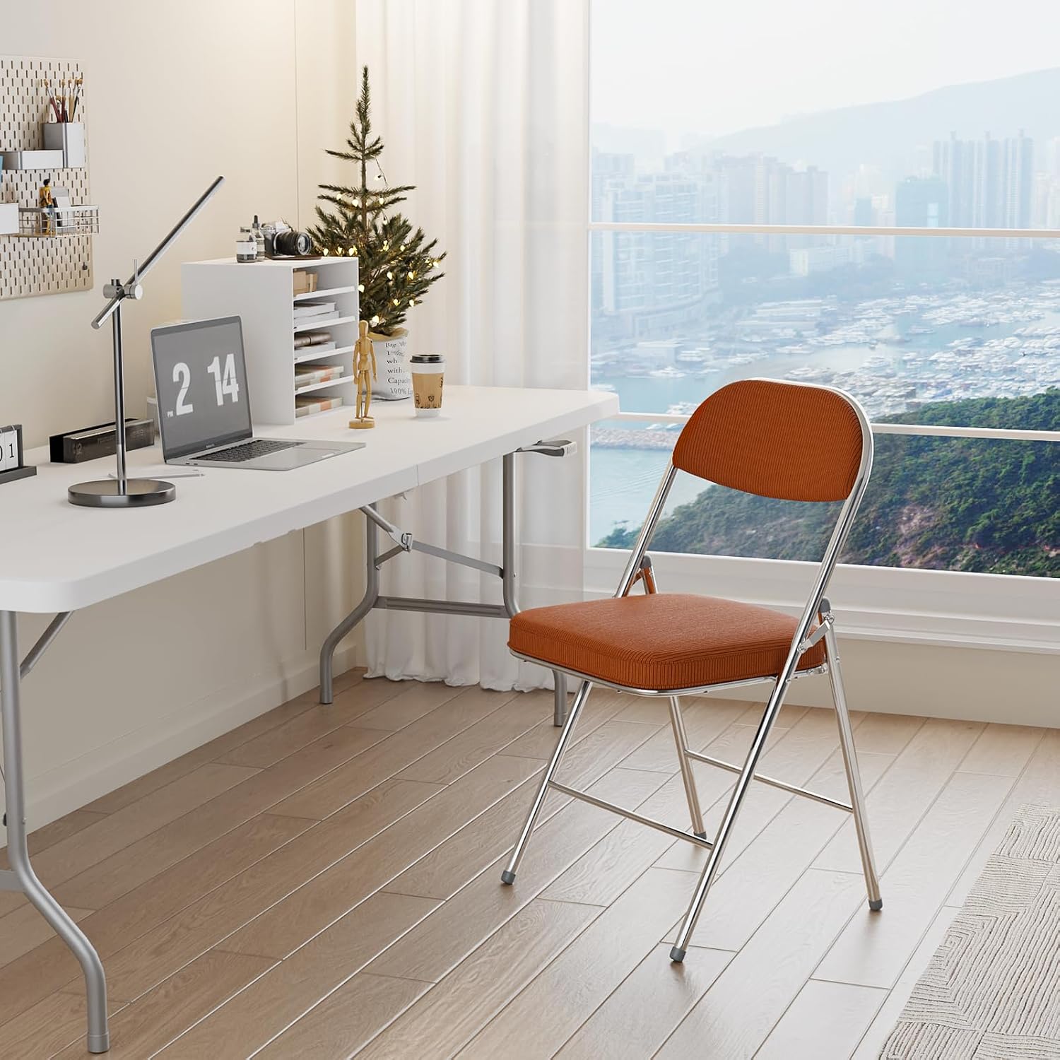VINGLI Folding Chairs with Padded Seat & Backrest, Metal Frame, Durable Corduroy Fabric, 350 lbs Capacity, Set of 1, Orange – Ideal for Weddings, Parties, Office Events