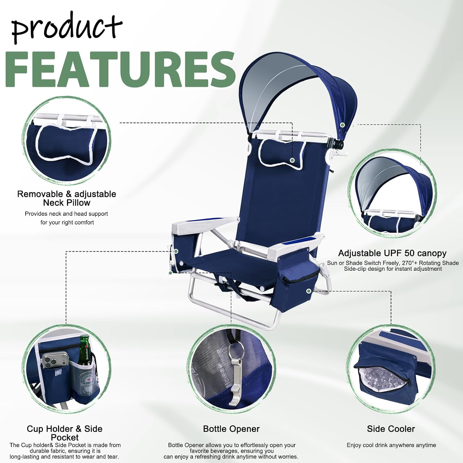 Romswi Extra Wide Beach Chair with Canopy Shade, 1 Pack Aluminum Folding Chairs with Detachable & Adjustable Umbrella, 5-Position Lay Flat, Cooler Bag, Cup & Phone Holder, Towel Bar, Navy Blue