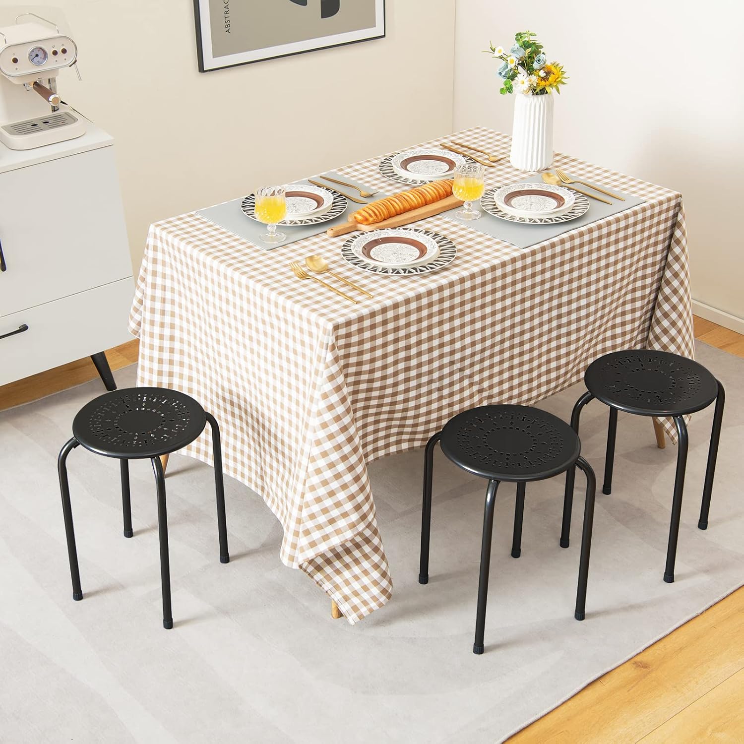 COSTWAY 6-Pack Steel Stack Stools, 17.5-Inch Height Portable Stackable Backless School Stools with Daisy Design, Round Classroom Decoration Stools Set of 6 for Kids Children Students, Black