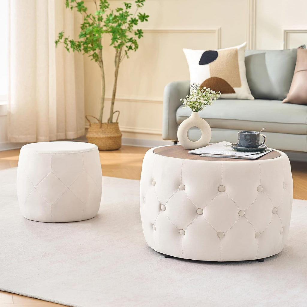 Furniliving Storage Ottoman Set of 2, Luxurious Velvet Round Ottoman with Wood Tray, Aesthetic Coffee Table with Foot Stool for Living Room, Beige