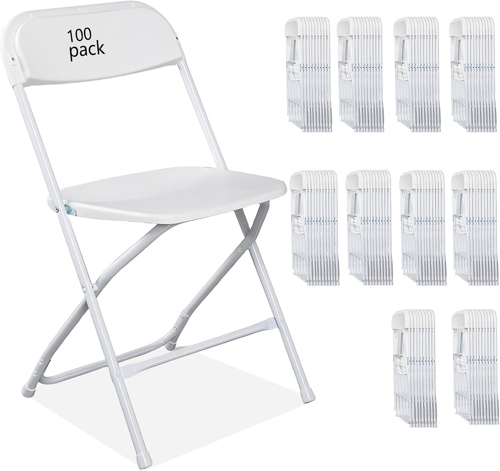 100 Pack Plastic White Folding Chairs with 350LBS Capacity, Foldable Commercial Seat with Steel Frame, Portable Indoor Outdoor Chairs for Office, Party, Events, Wedding, Kitchen, Dinning, School