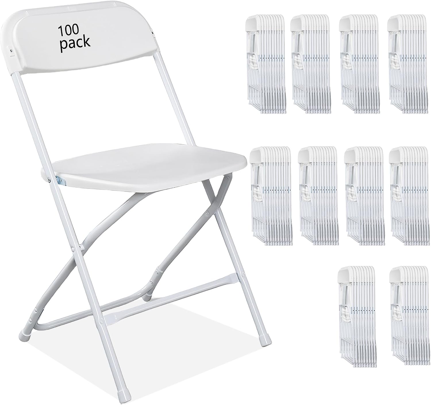 100 Pack Plastic White Folding Chairs with 350LBS Capacity, Foldable Commercial Seat with Steel Frame, Portable Indoor Outdoor Chairs for Office, Party, Events, Wedding, Kitchen, Dinning, School