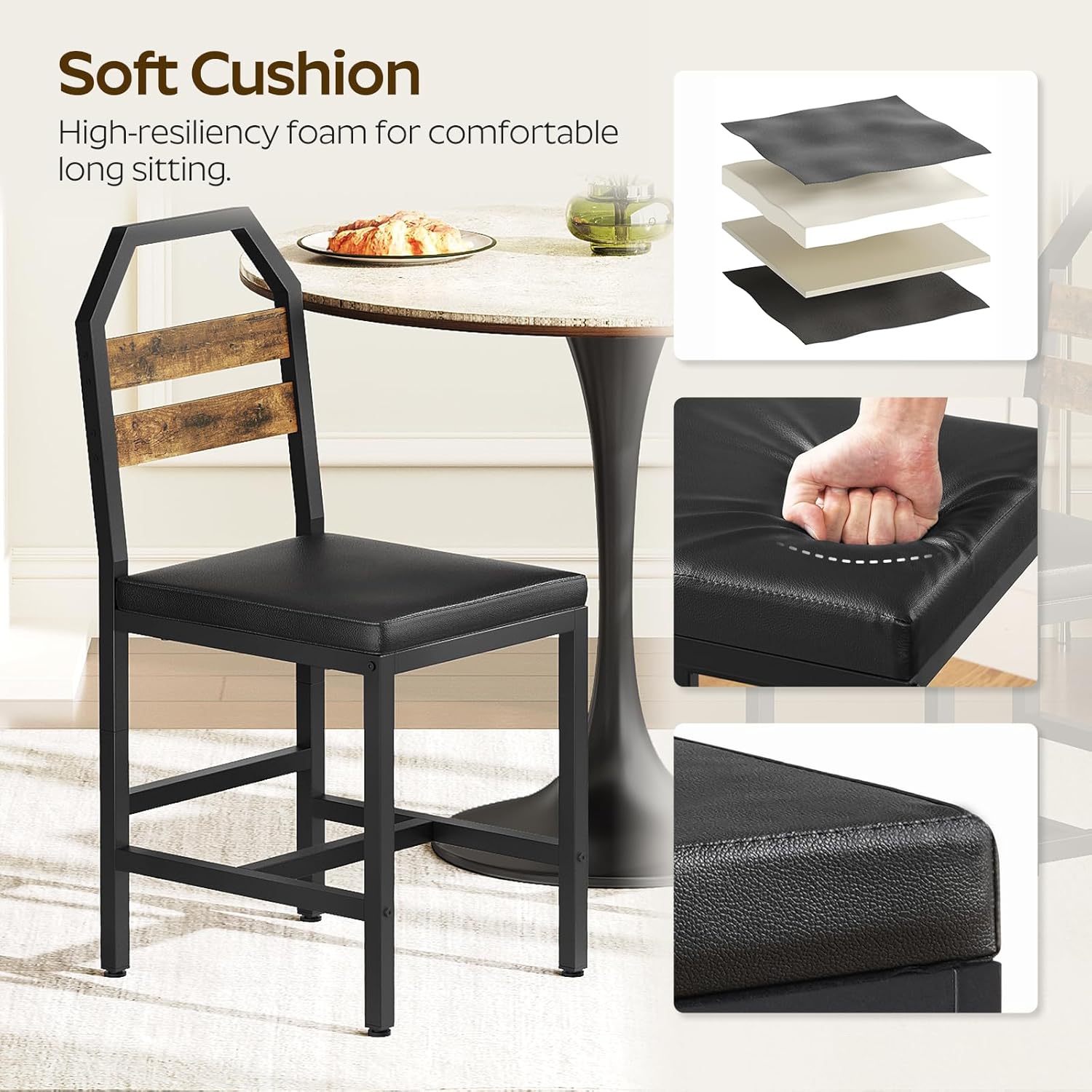 YATINEY Dining Chairs, Kitchen Chairs with Back Support, Upholstered Seat and Metal Legs, for Kitchen, Living Room, Rustic Brown and Black CY02L4BR