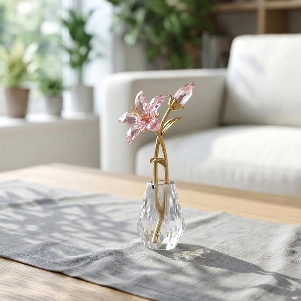 Crystal Tiger Lily Flowers with Crystal Vase Metal Stem Pink Lily Flower Collectible Gifts for Women, Glass Lilium Flower Artificial Floral Figurines for Home Wedding Party Decor