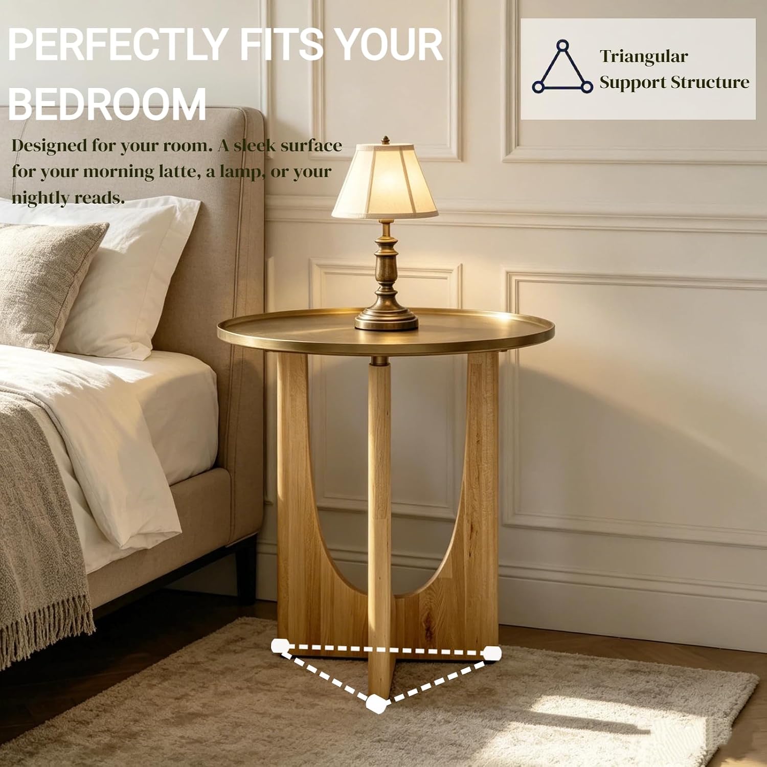 Gold End Tables Set of 3, Round Side Tables, Sofa Table with Wood Legs and Raised Edge Metal Top for Living Room, Bedroom, Bedside, Small Spaces, Easy Assembly, Natural
