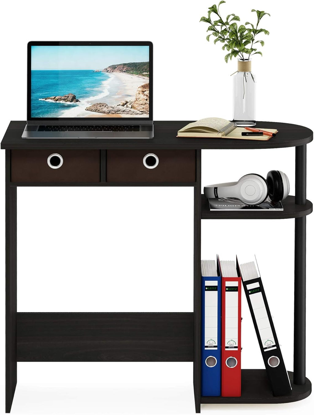 Furinno Go Green 32-Inch Black Computer Desk, Office Desk with 2 Side Shelves and Storage Bins, Rectangular Home Office Desk, Gaming Desk for Home Office, Bedroom, Study Room, Black Espresso