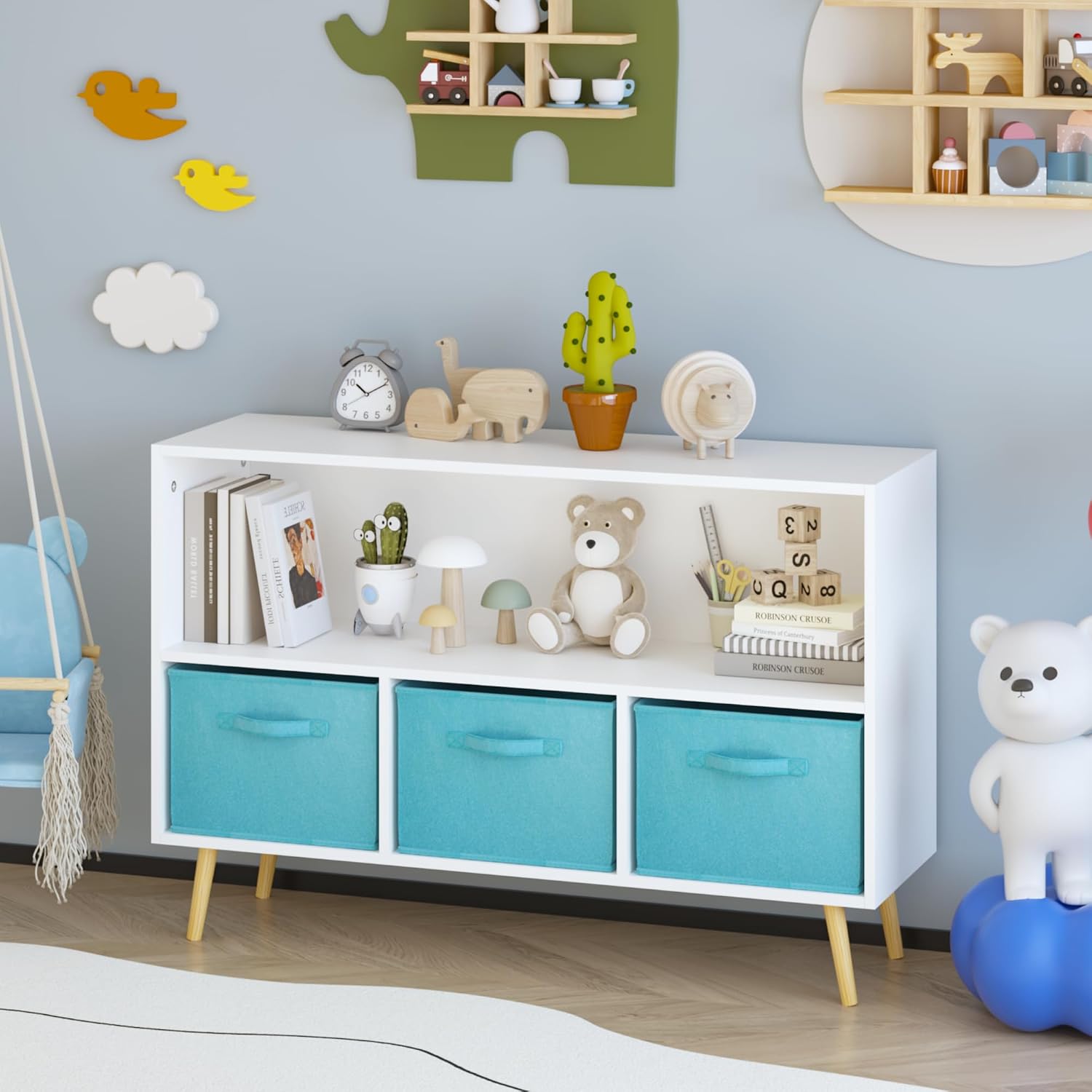 Bookcase with Collapsible Fabric Drawers, Book Display, Toy Storage Cabinet Organizer, White,Blue
