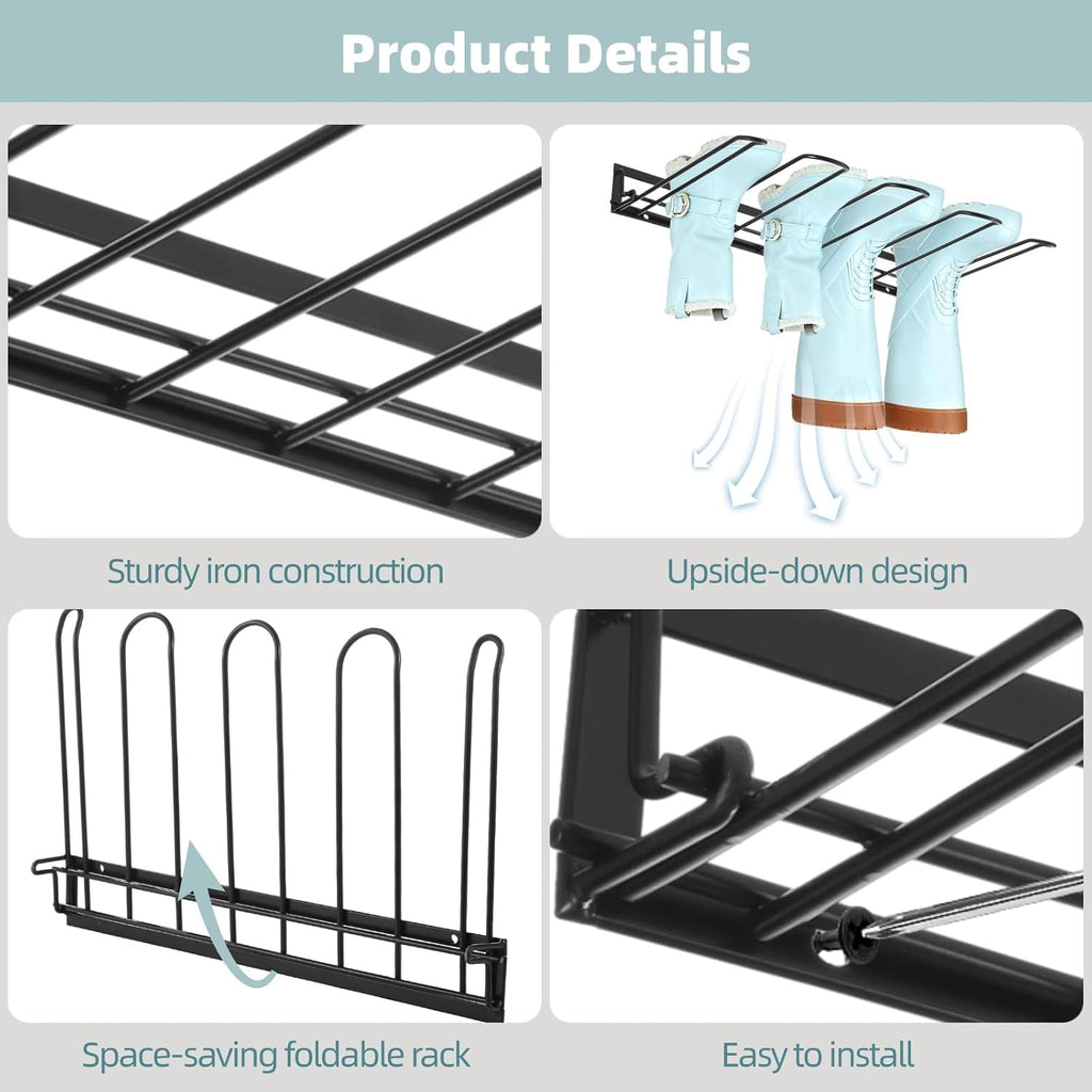3 Pcs Boot Rack, Wall Mounted Boot Organizer for Closet, Iron Boots Hangers with Adhesive Hooks, Expansion Screws, Space-Saving Shoe Organizer for Entryway, Garage, Indoor Outdoor
