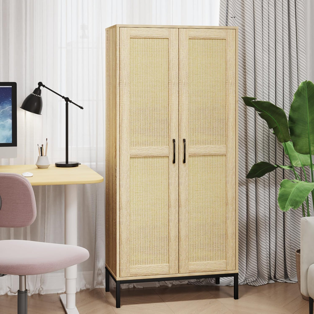 60" Tall Kitchen Pantry with 2 Rattan Doors and 3 Adjustable Shelves,Freestanding Cupboard Storage Cabinet for Kitchen, Laundry Room, Dinning Room and Living Room,Natural