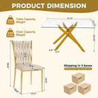 51'' Glass Dining Table Set for 4, Modern Rectangular Dining Room Table with Gold Metal Legs & 4 Upholstered Velvet Dining Chairs, Space-Saving Kitchen Table Set for Small Spaces, Apartment(Beige)