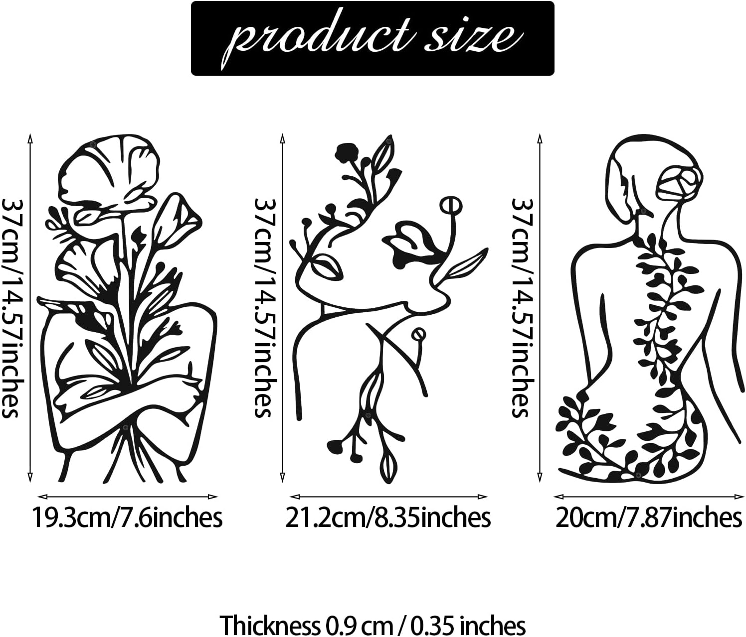 Photect 3 Pcs Metal Wall Art Decor Minimalist Abstract Woman Wall Art Metal Modern Line Drawing Decor Female Single Line Home Hanging for Bedroom Bathroom Living Room Housewarming(Plant,Black)