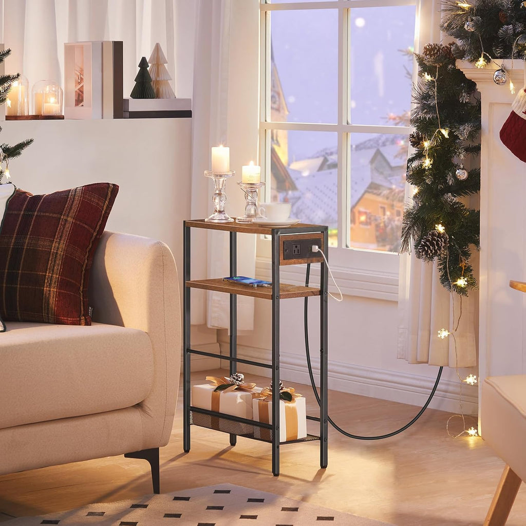 HOOBRO Small Narrow Side Table with Charging Station, Thin Sofa Table with Shelves, Slim Nightstand with USB Ports Outlet, for Hallway, Entrance, Living Room, Bedroom BF73XG01 BF102UBZ01