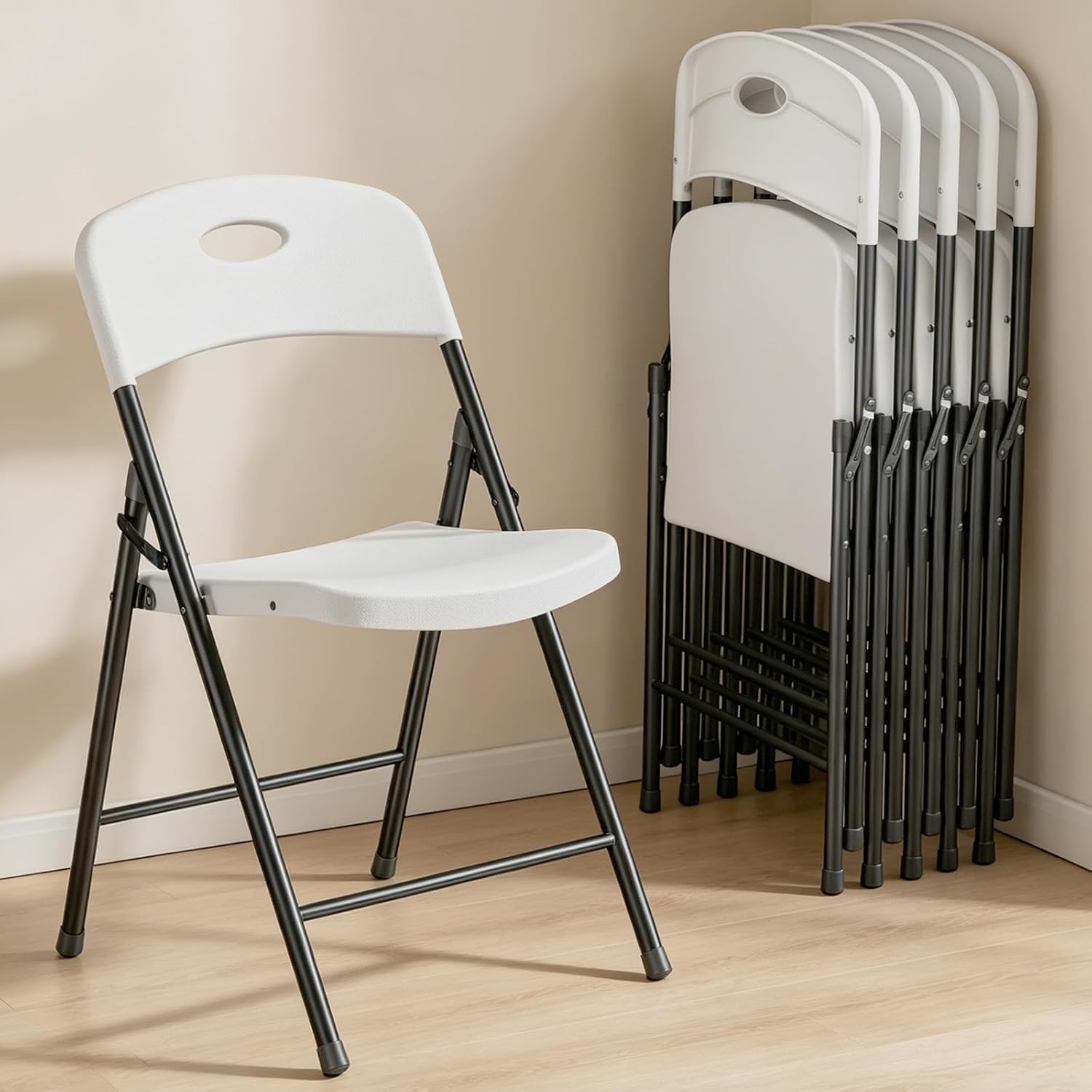 Folding Chairs 6 Pack,350 lbs Heavy Duty Metal Frame Plastic Foldable Chair,Ergonomic Portable Folding Chair with Non-Slip Feet, Indoor Outdoor Commercial Seating for Patio Party Wedding Camping,White