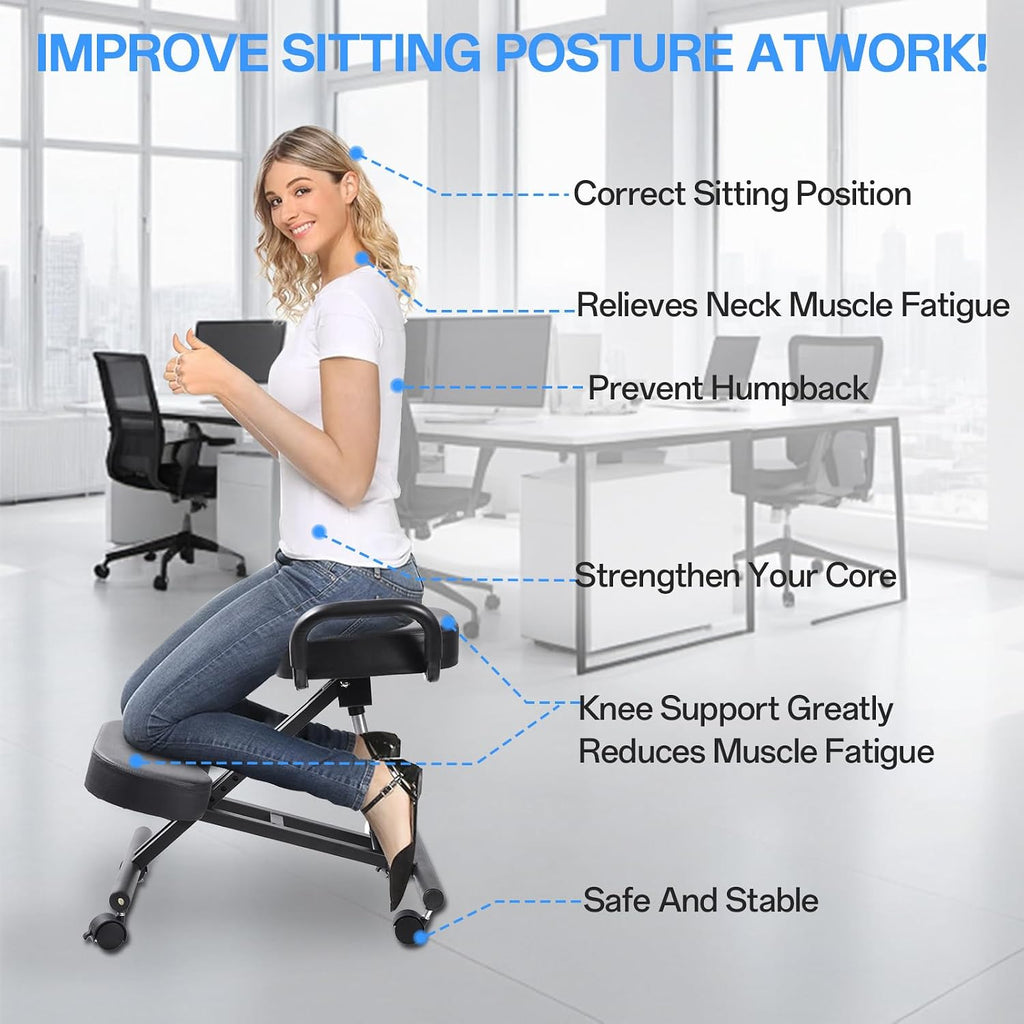 Ergonomic Kneeling Chair Without Backrest, Ergonomic Kneeling Tool with Brake and Smooth Gliding Casters, Adjustable Stool for Home and Office, Extra Comfort Cushion, Angled Design