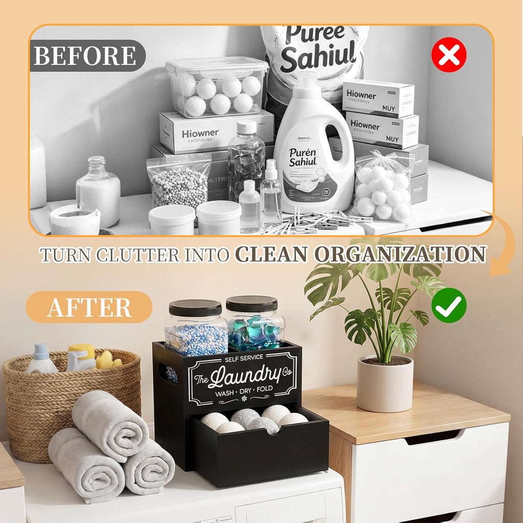 Laundry Pods Container and Dryer Sheet Holder for Laundry Room Organization&Decor, Detergent Powder Container Include 2 Plastic Jars with Lids for Powder, Pods, Scent Booster Beads