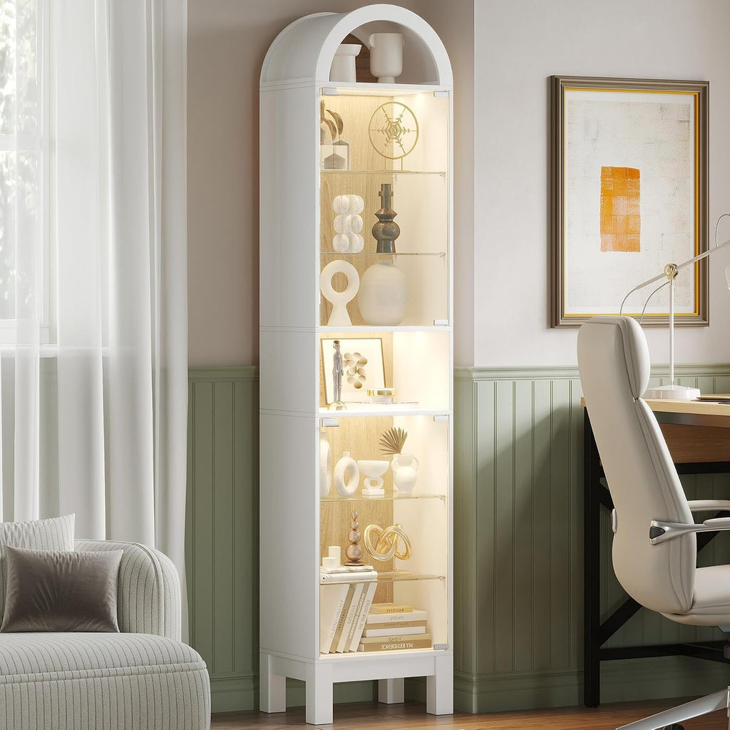 71" H Narrow Arched Display Cabinet with Glass Doors & 8-Tier Shelves, Slim Curio Cabinets with LED Lights for Collectibles/Perfume, Tall Storage Cabinets for Corner, Small Space (White)