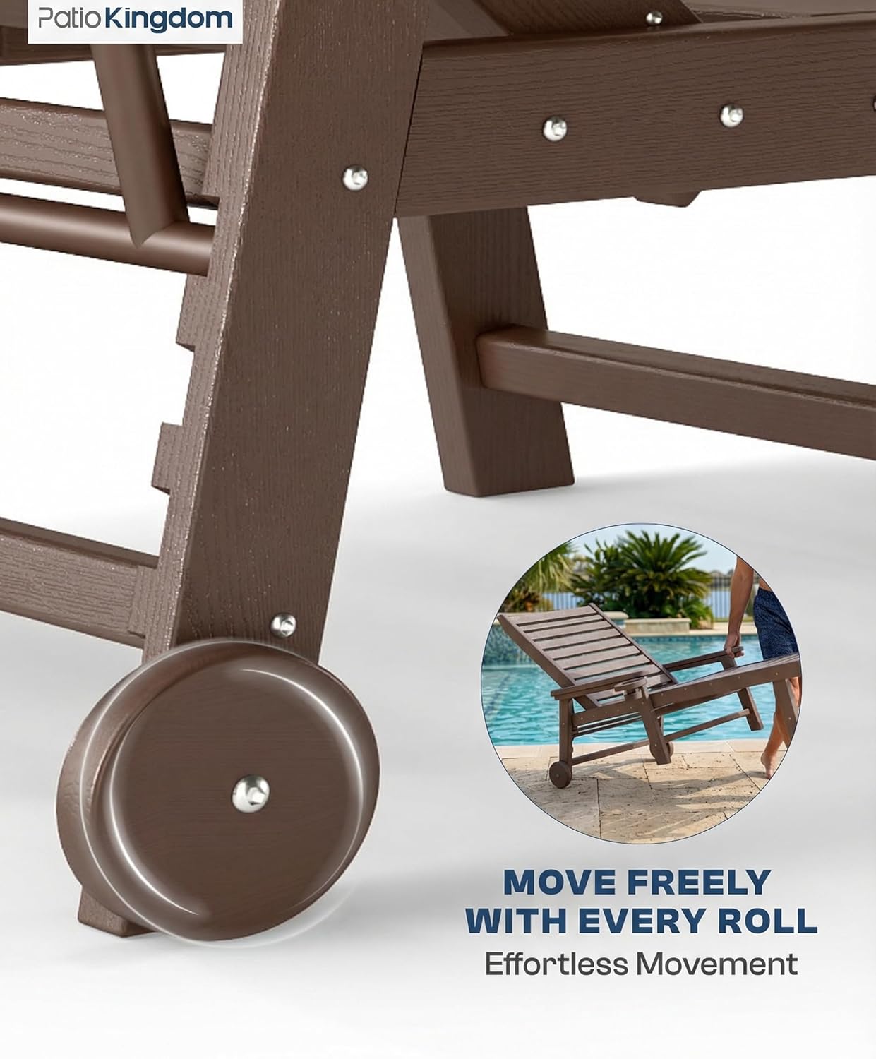 5-Position Adjustable Lounge Chair Outdoor Set of 2, HDPE Outdoor Chaise Lounge with Cup Holder & Wheels, Pool Lounge Chairs for Poolside, Beach, Deck, Brown