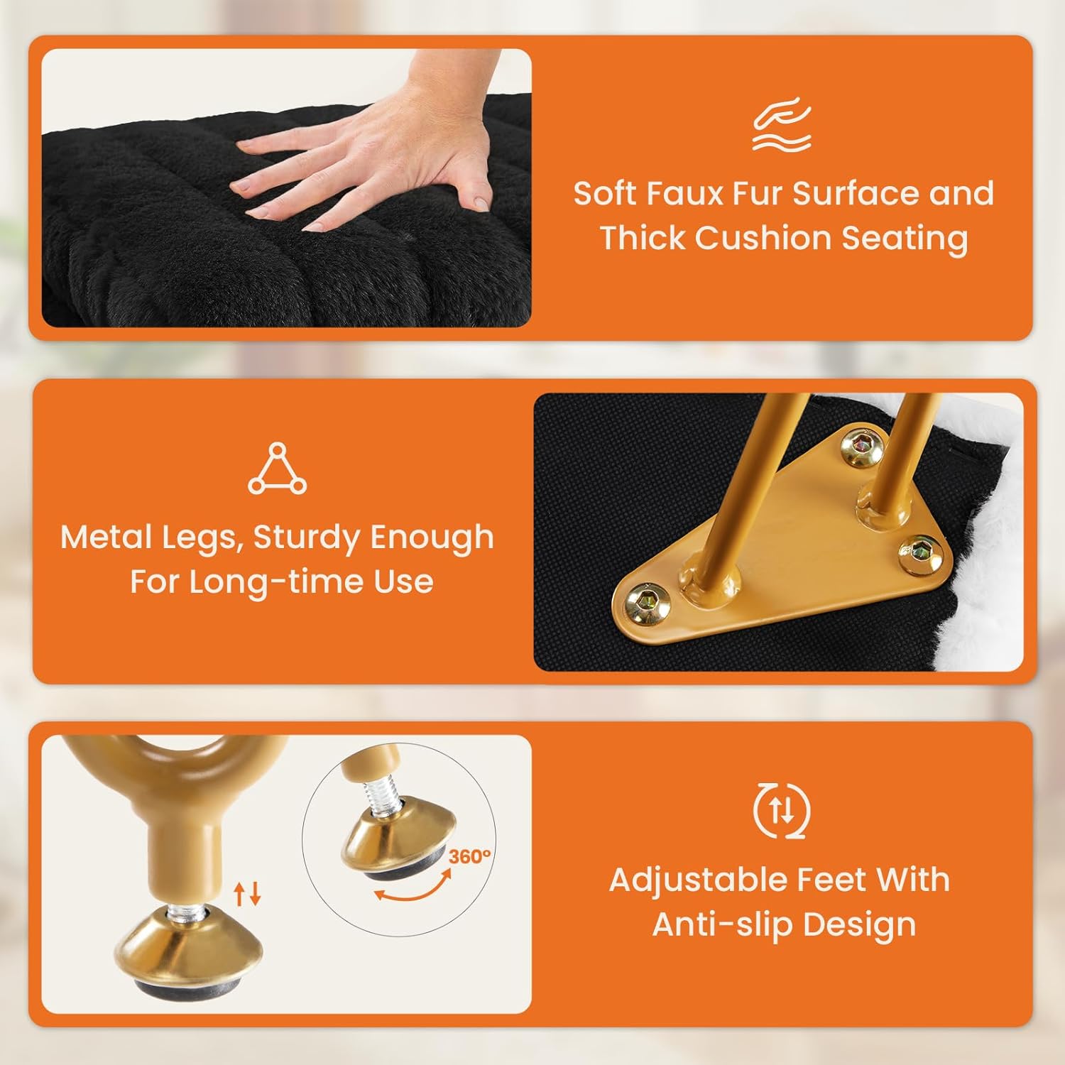 DUMOS Vanity Stool Chair, Ottoman with Storage, Makeup Cute Soft Small Footstool, Modern Style Faux Fur Seat with 4 Metal Legs & Adjustable Feet for Dressing, Living Room, Bedroom, Dorm, Black