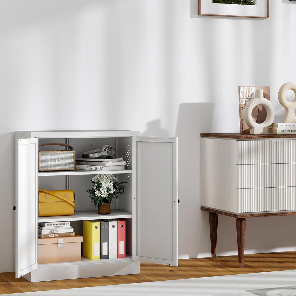 Kitchen Pantry Storage Cabinet, 34" H Storage Cabinet with Doors and Adjustable Shelves, Small Cupboard with Round Handles, Metal Kitchen Cabinet for Dining Room, Living Room, White