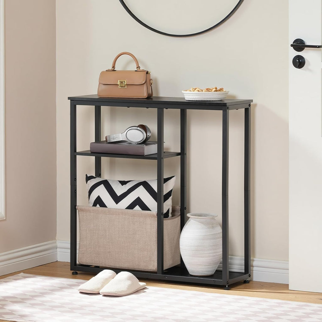 HOOBRO Narrow Console Table with Storage Basket, 29.5" Small Entryway Table with 3-Tier Storage Shelves, Behind Couch Sofa Table, Hallway Table for Living Room, Black and Beige BB60XG01