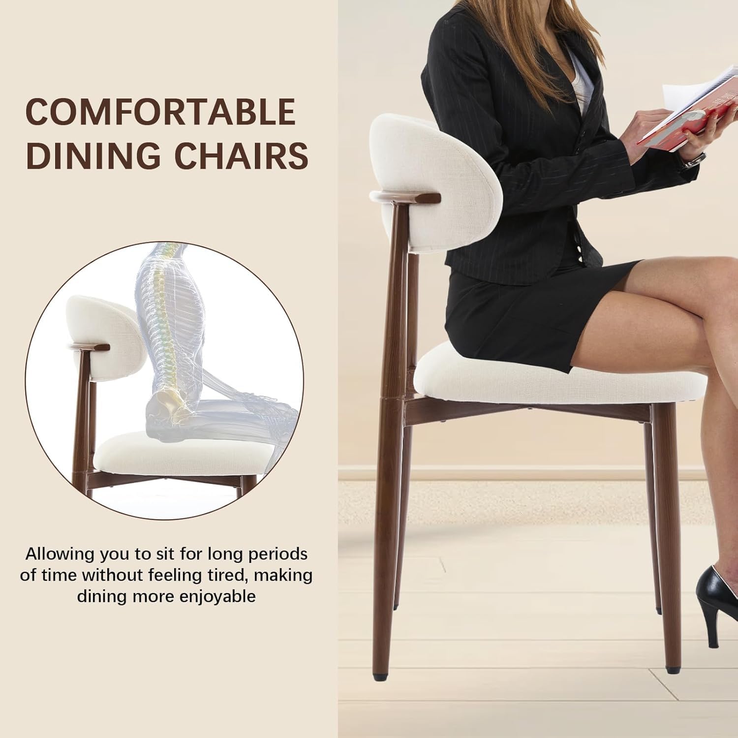 AQO Dining Chairs Set of 4, Modern Dining Room Chairs Kitchen Chairs with Metal Legs, Farmhouse Fabric Dinner Chair for Kitchen Dining Room, Beige/Walnut-Grain Metal Legs