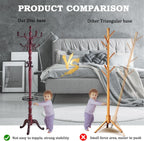 Coat Racks FreeStanding with 14 Hooks, Natural Wood Coat Rack with Solid Round Base, Adjustable Height Coat Racks, Easy Assembly for Hallway, Bedroom and Office (Reddish brown-Tray)