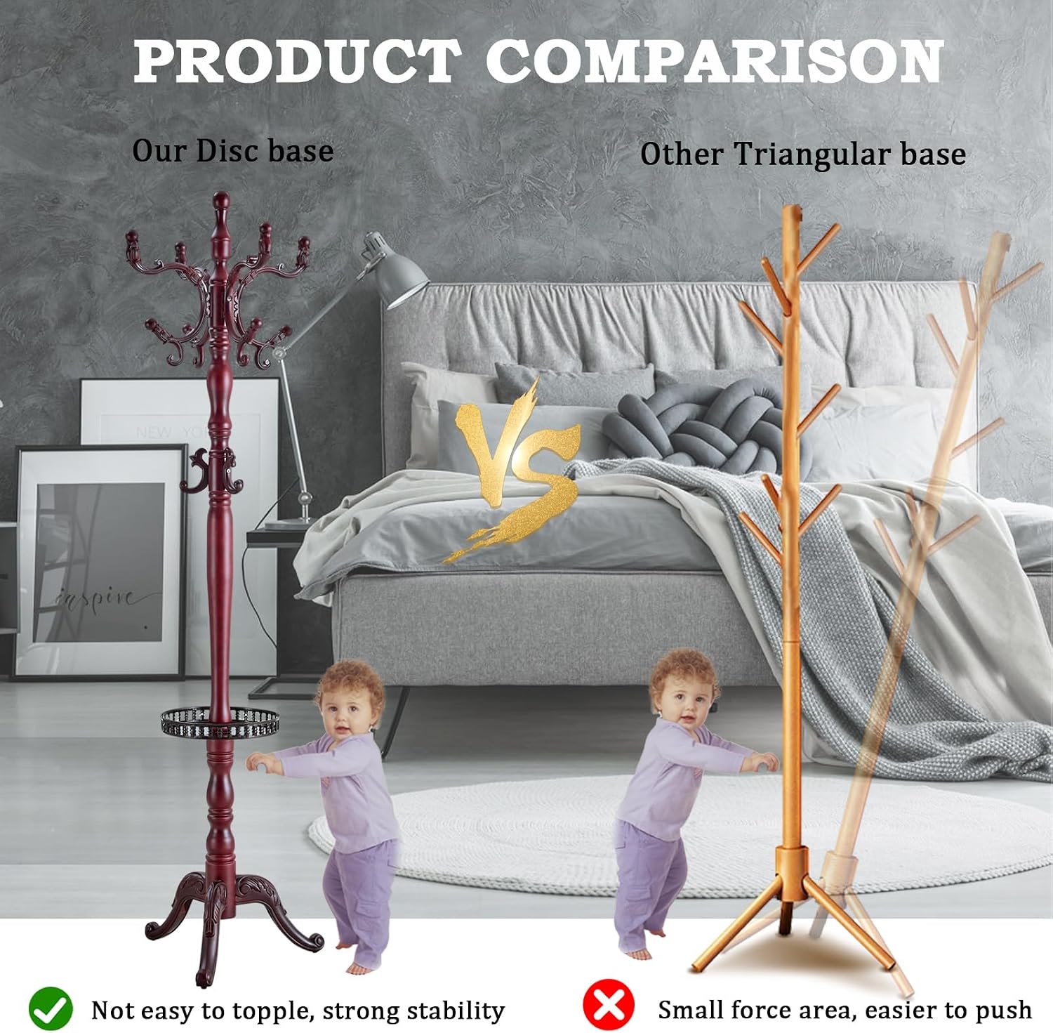 Coat Racks FreeStanding with 14 Hooks, Natural Wood Coat Rack with Solid Round Base, Adjustable Height Coat Racks, Easy Assembly for Hallway, Bedroom and Office (Reddish brown-Tray)
