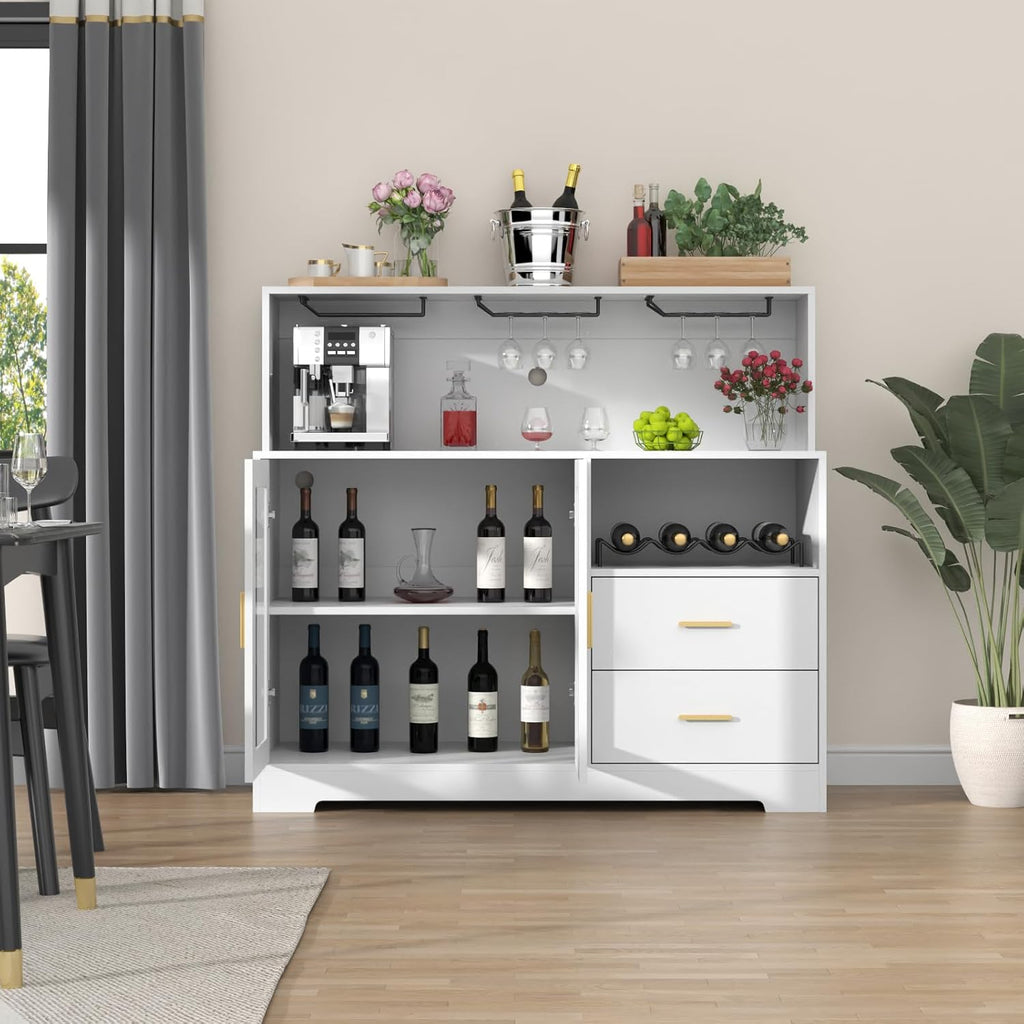 Bar Cabinet for Home with LED Light, Coffee Bar Cabinet with Wine & Glass Rack, Wine Cabinets with Storage Cabinet &Drawers, Modern Liquor Cabinets for Kitchen, Living Room, Dining Room (White)