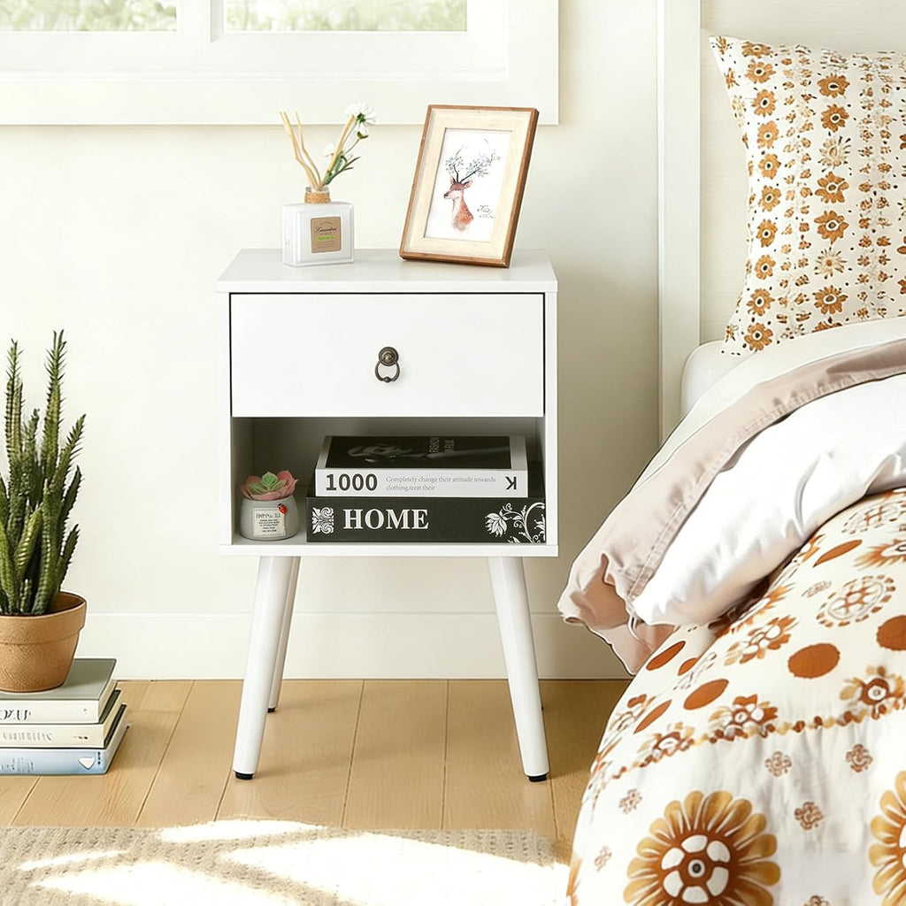 Bonnlo White Nightstand Set of 2, Modern Bedside Table with Drawer Open Shelf, End Table with Solid Wood Legs for Bedroom,