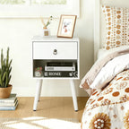 Bonnlo White Nightstand Set of 2, Modern Bedside Table with Drawer Open Shelf, End Table with Solid Wood Legs for Bedroom,