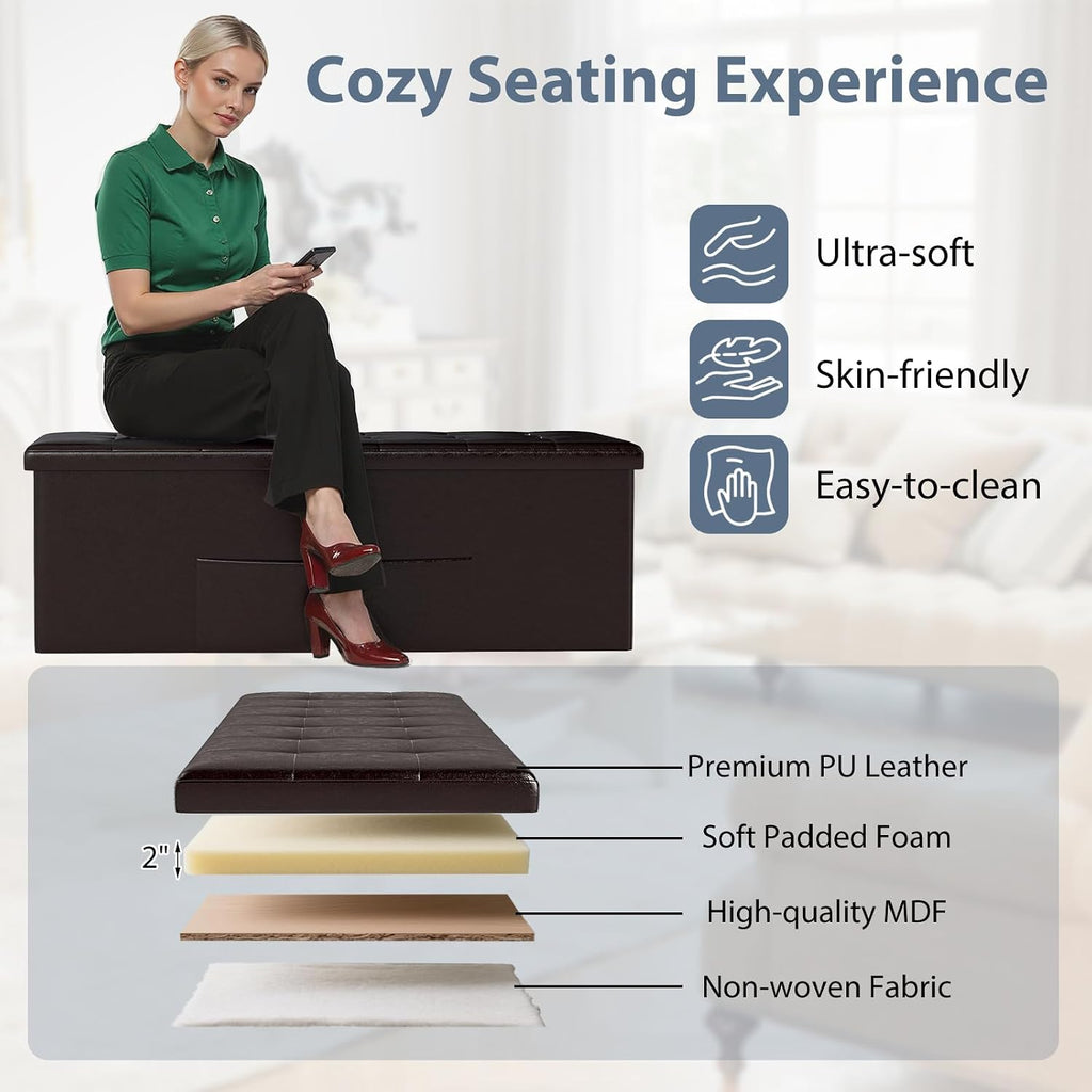 Giantex 43 Inches Folding Storage Ottoman Bench, Upholstered PU Leather Storage Chest with Side Pocket, Padded Seat, End of Bed Bench, Collapsible Ottoman Foot Rest for Living Room, Bedroom & Entryway