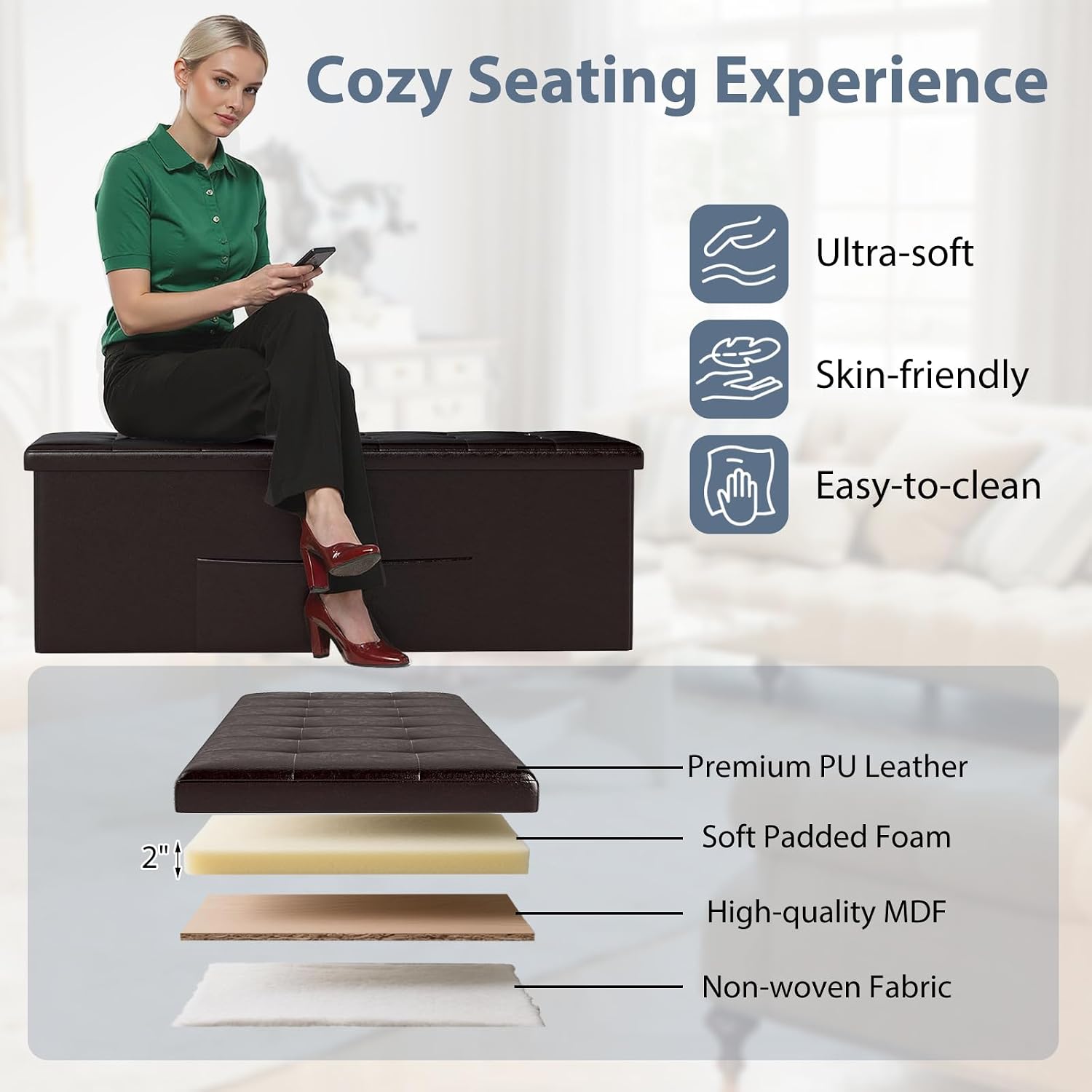Giantex 43 Inches Folding Storage Ottoman Bench, Upholstered PU Leather Storage Chest with Side Pocket, Padded Seat, End of Bed Bench, Collapsible Ottoman Foot Rest for Living Room, Bedroom & Entryway