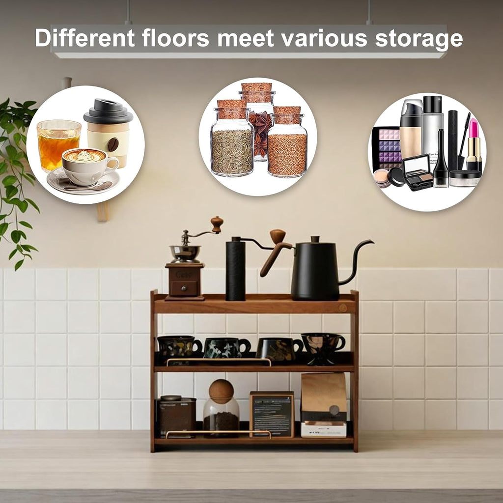 Wooden Cup Holder Walnut 3 Tier Shelf Organizer | Coffee Station Organizer, For Kitchen Home