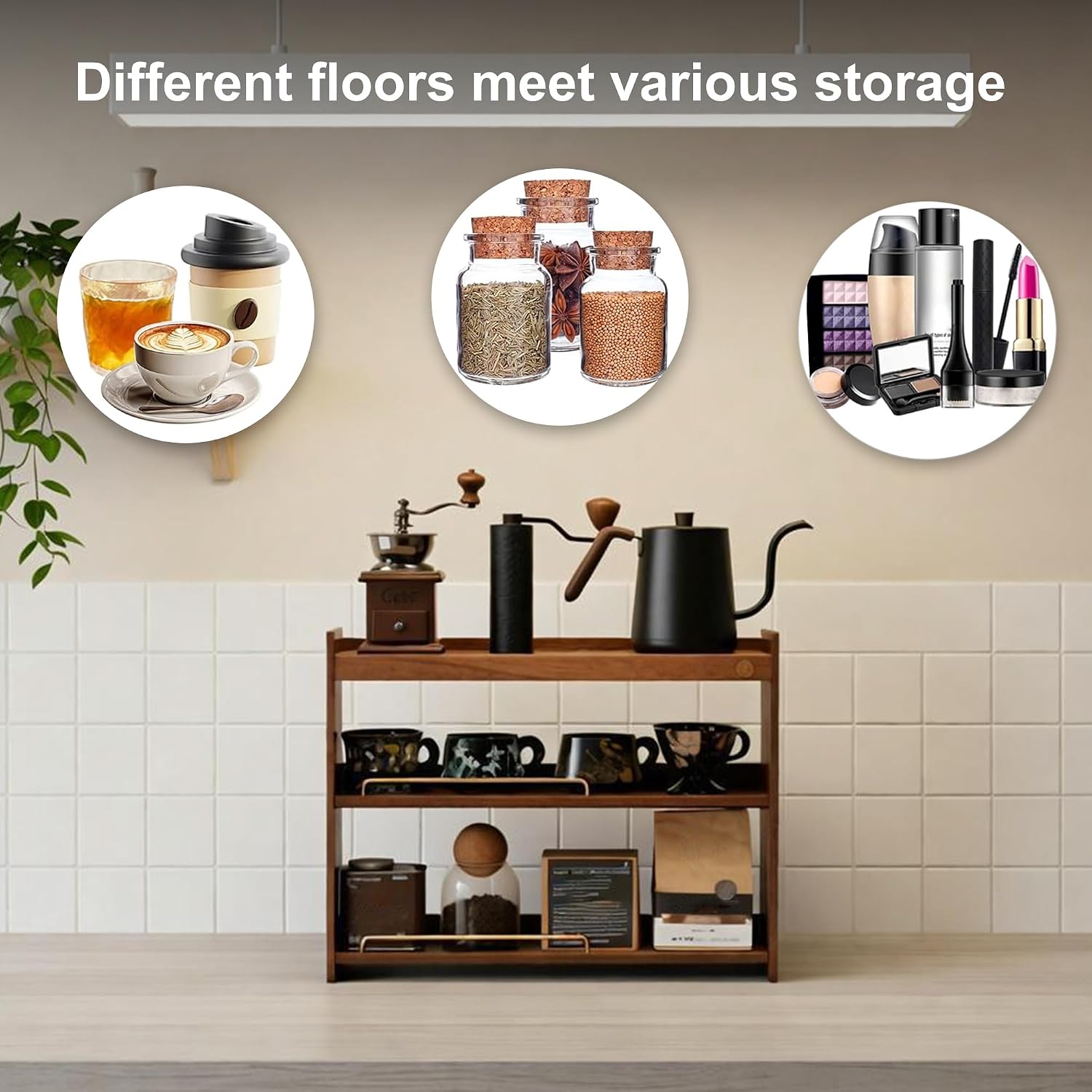 Wooden Cup Holder Walnut 3 Tier Shelf Organizer | Coffee Station Organizer, For Kitchen Home
