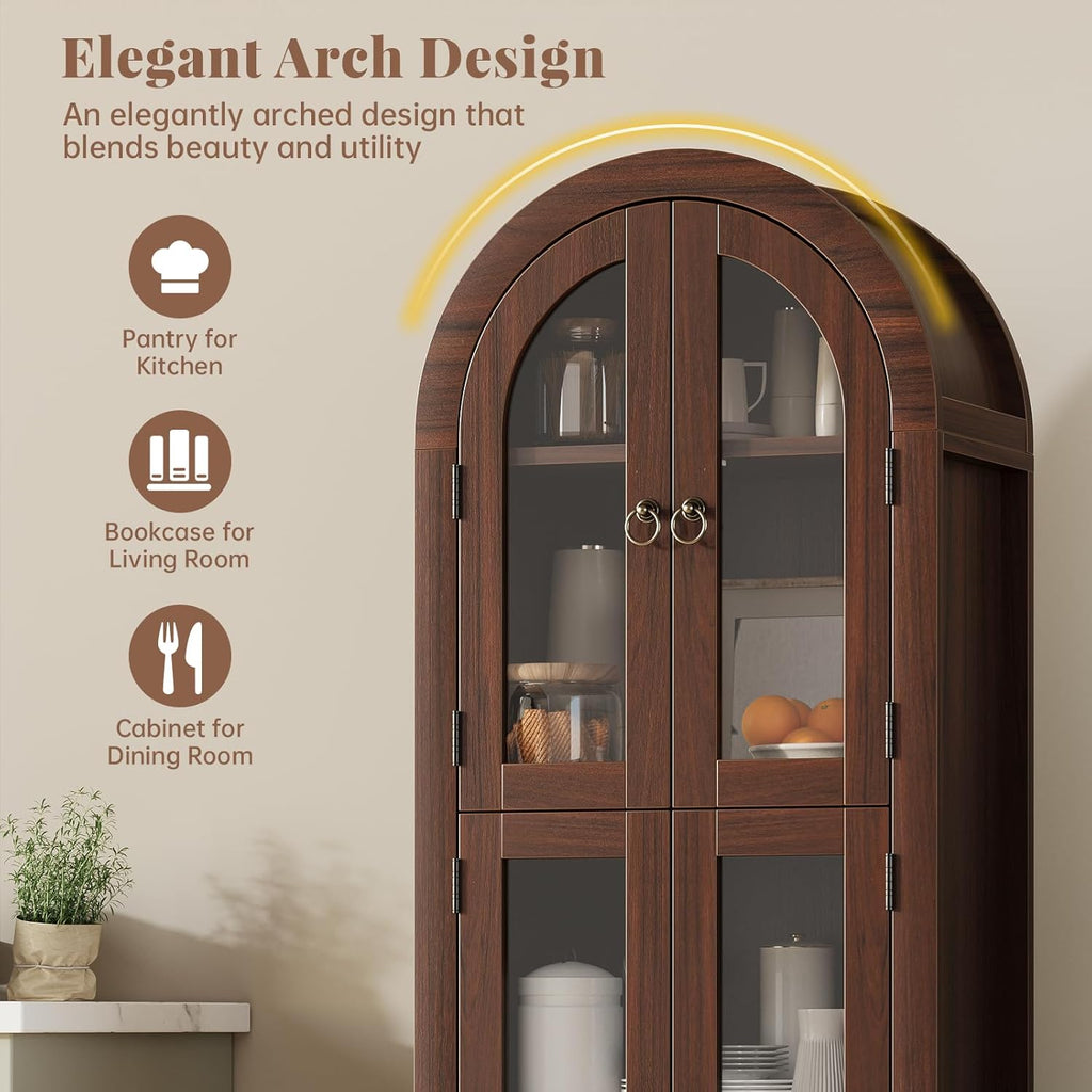 71" Tall Arched Cabinet with Acrylic Door, Modern Curio Arched Bookcase with Drawer, Display Cabinet Organizer, Kitchen Pantry with Top-Opening Storage Container, Brown, 71"x23.6"x11.8"