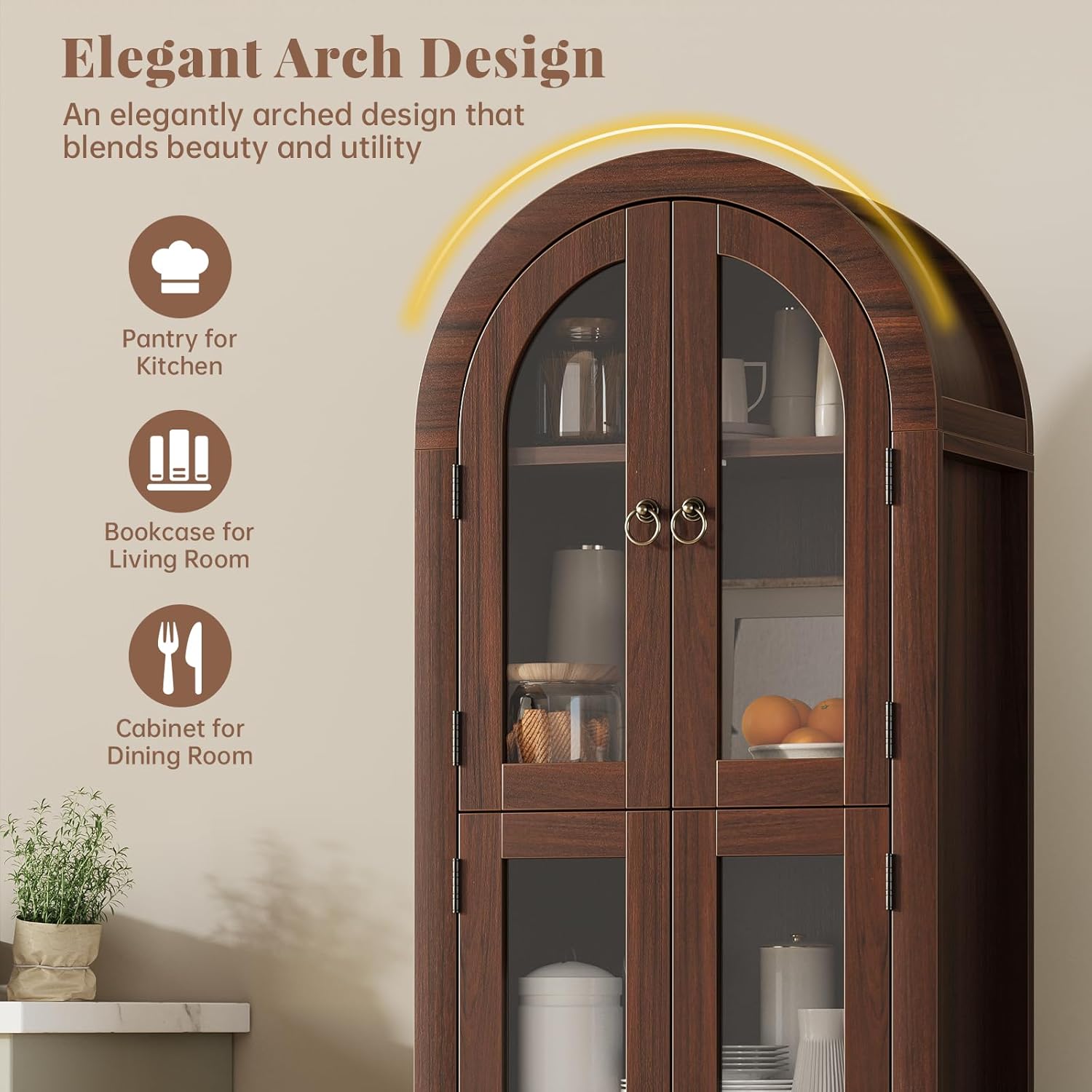 71" Tall Arched Cabinet with Acrylic Door, Modern Curio Arched Bookcase with Drawer, Display Cabinet Organizer, Kitchen Pantry with Top-Opening Storage Container, Brown, 71"x23.6"x11.8"