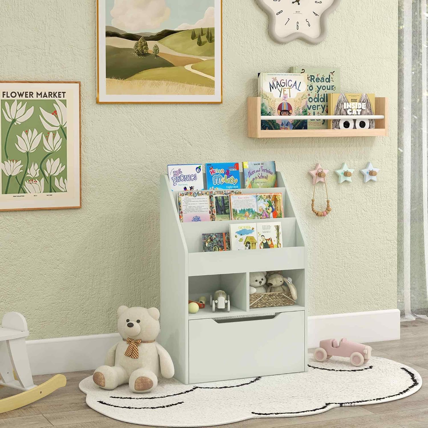 Bookcase Multi Shelf Rack Organizer with Storage Drawer for Books, Playroom, Pale Green