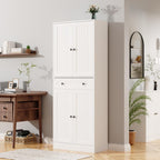 Furnify Kitchen Pantry Storage Cabinet, 71" H Farmhouse Pantry Cabinet with 4 Doors & Drawer, Freestanding Cupboard with Adjustable Shelves, Rustic Wood Cupboard for Kitchen, Dining Room, White