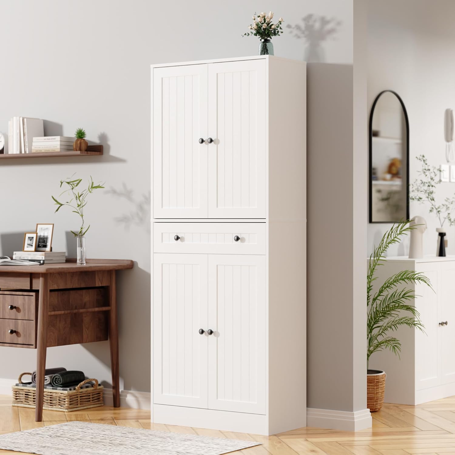 Furnify Kitchen Pantry Storage Cabinet, 71" H Farmhouse Pantry Cabinet with 4 Doors & Drawer, Freestanding Cupboard with Adjustable Shelves, Rustic Wood Cupboard for Kitchen, Dining Room, White