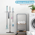 White Broom Holder Wall Mount - Heavy Duty Wood Mop and Broom Organizer with 3 Slots & 4 Hooks - Garden Tool Hanger for Laundry Room Closet Kitchen Garage Storage and Organization - Modern Home Decor