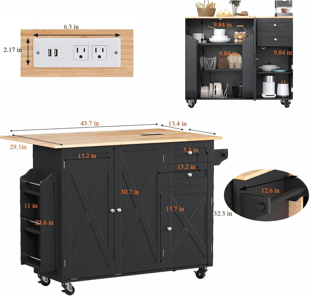 HOMREST 50.4" Kitchen Island with Drop Leaf & Power Outlet, Farmhouse Rolling Island Cart with 3 Spices Shelves on Wheels, Mobil Kitchen Island Table with Rubberwood Countertop Towel Rack, Black