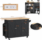 HOMREST 50.4" Kitchen Island with Drop Leaf & Power Outlet, Farmhouse Rolling Island Cart with 3 Spices Shelves on Wheels, Mobil Kitchen Island Table with Rubberwood Countertop Towel Rack, Black