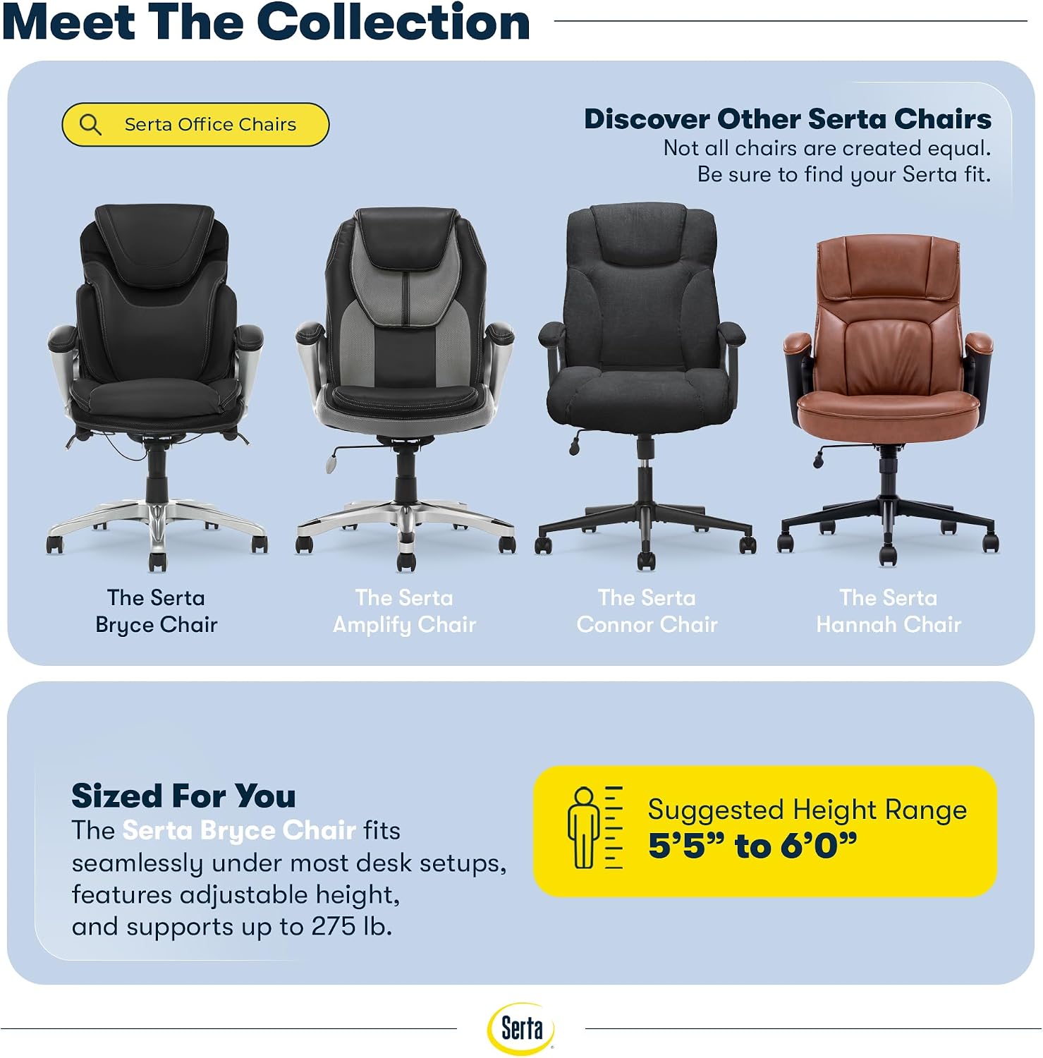 Serta Bryce Executive Office Chair - Ergonomic Computer DeskChair with Lumbar Technology - Adjustable Height - Memory Foam Body Pillows - 360° Swivel Rolling Base - Bonded Leather - Black