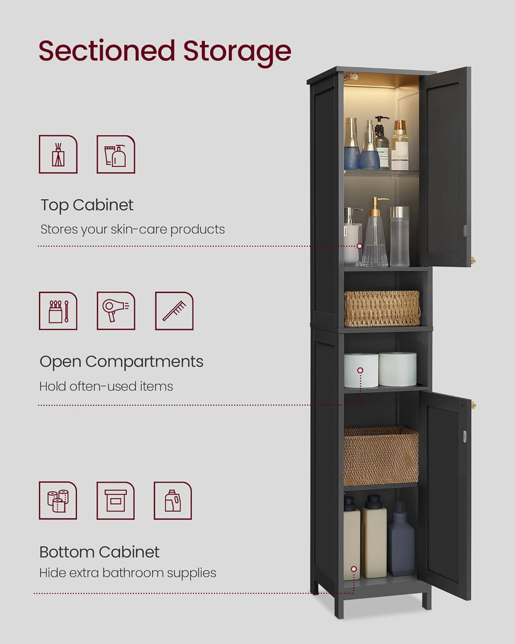 VASAGLE Tall Storage Cabinet with Lights, Slim Freestanding Cabinet with Adjustable Shelves, for Small Spaces, Bathroom, Living Room, Modern, 11.8 Inches Wide, Ink Black UBBK566BC01S